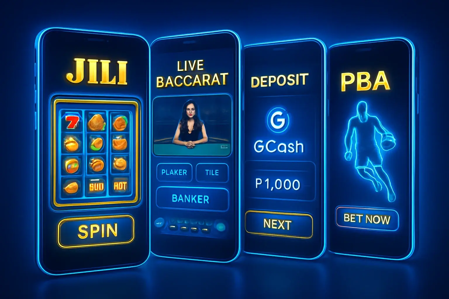 Multiple Android screens showing Philippine casino app with slots, baccarat, GCash, sports betting