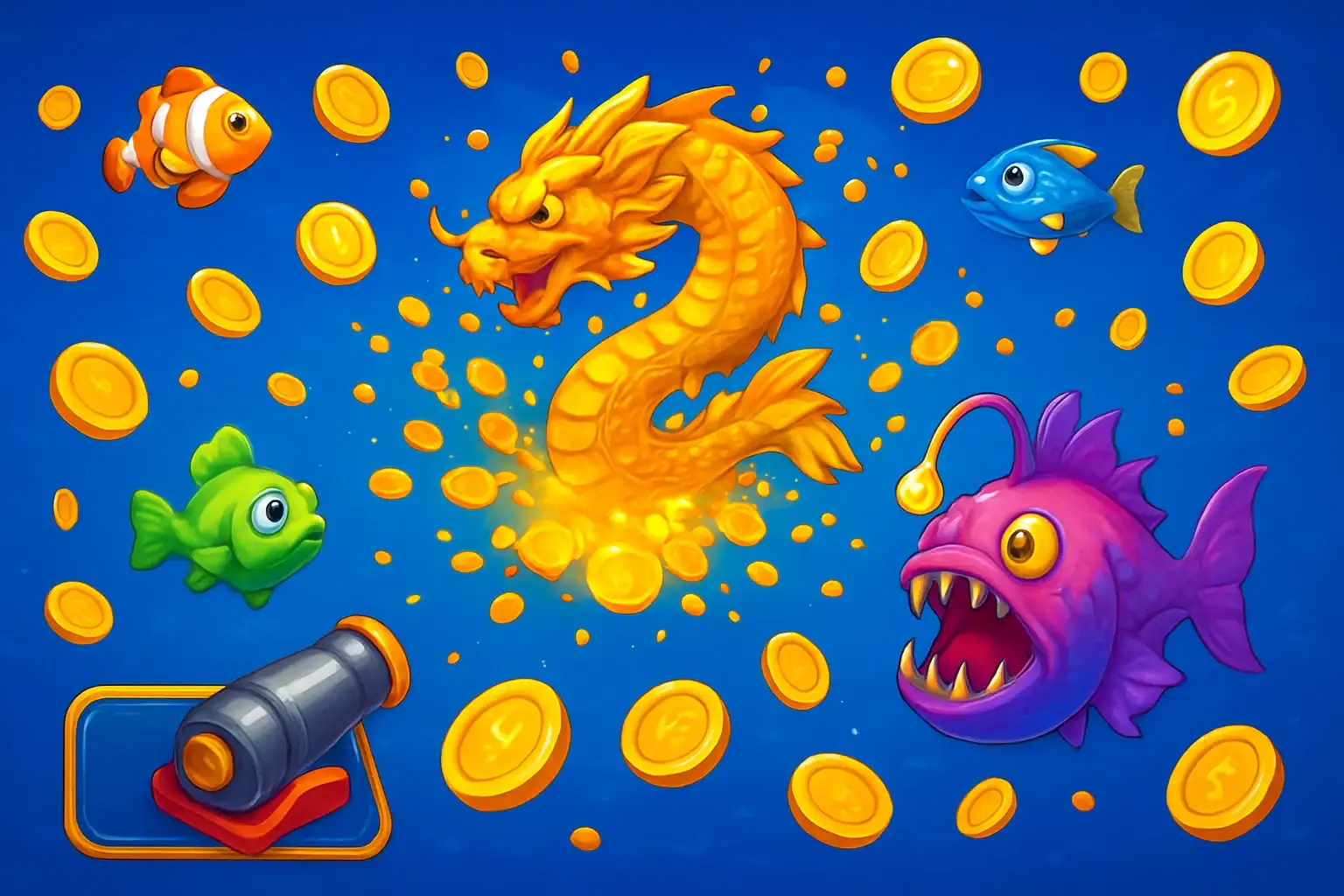 Vibrant Philippine casino fishing game with colorful fish, cannon UI, coin explosions