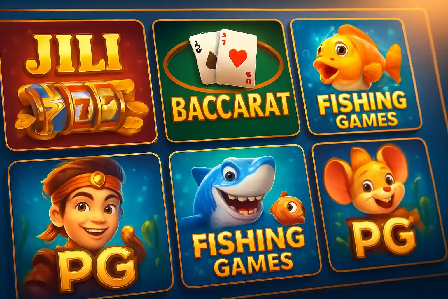 Colorful grid of Philippine casino game thumbnails with blue and gold UI