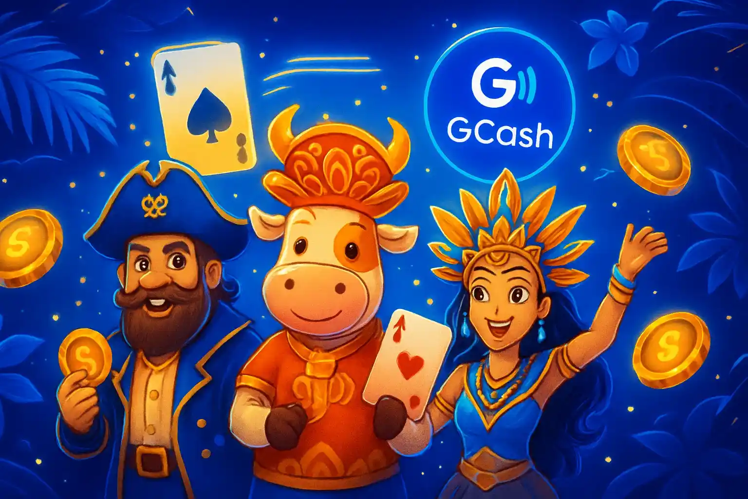 Vibrant Philippine online casino hero banner with JILI characters and GCash badge