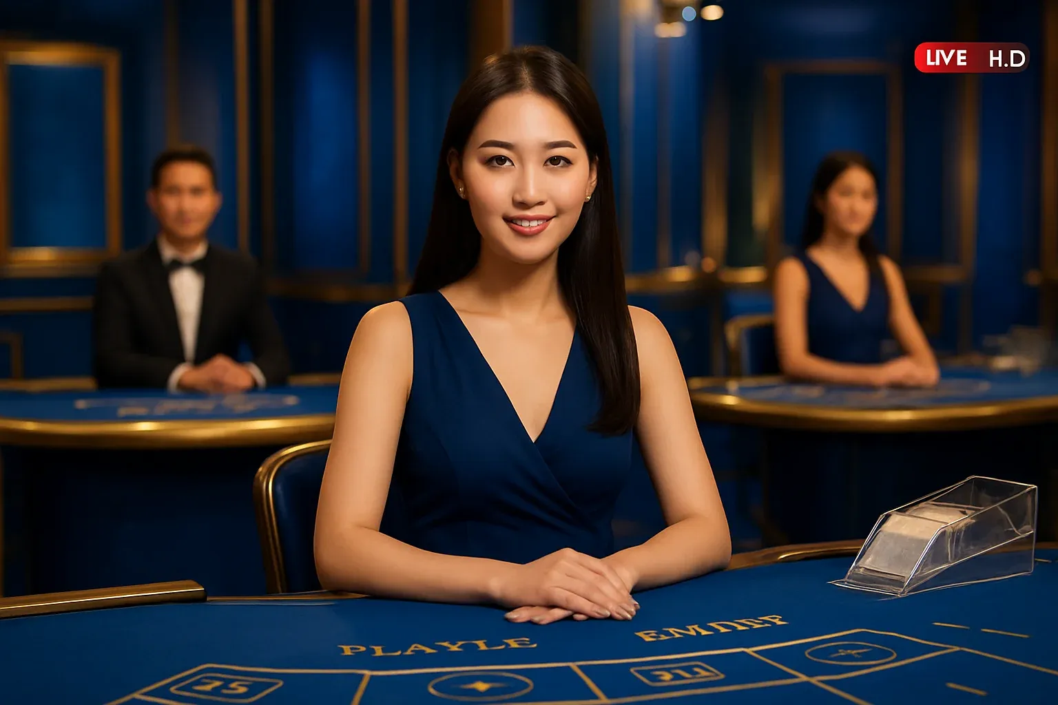 Elegant live casino studio with Asian dealers, baccarat and blackjack tables