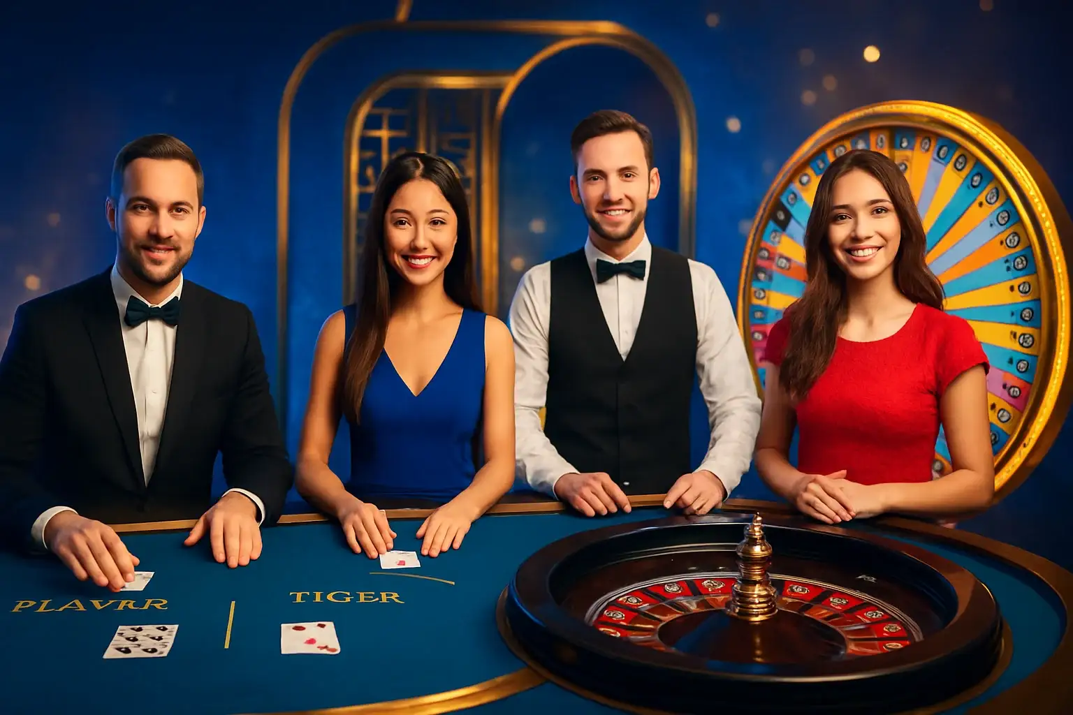 Live casino game cards with baccarat, roulette, Crazy Time, and dealers