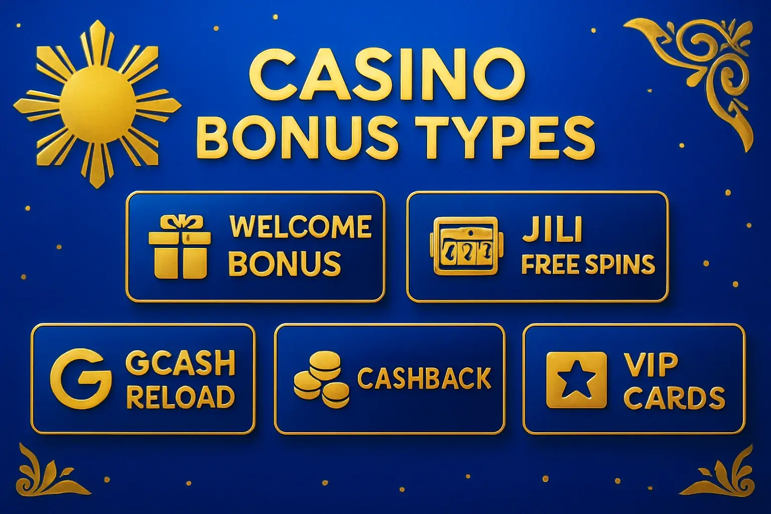 Welcome bonus, JILI free spins, GCash reload, cashback and VIP cards on blue