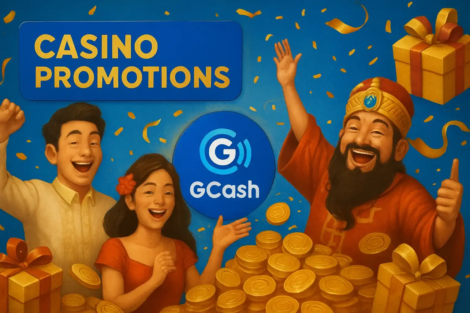 Philippine casino promotions banner with gold coins, gift boxes, GCash badge, JILI characters