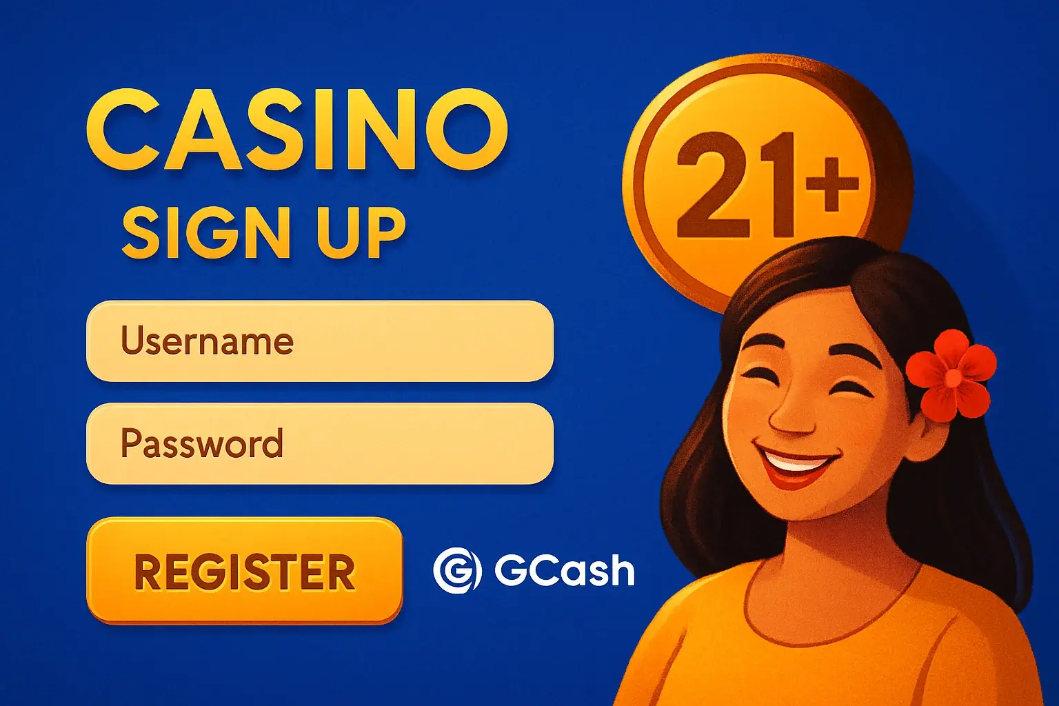 Philippine casino registration page with GCash logo and gold 21+ badge