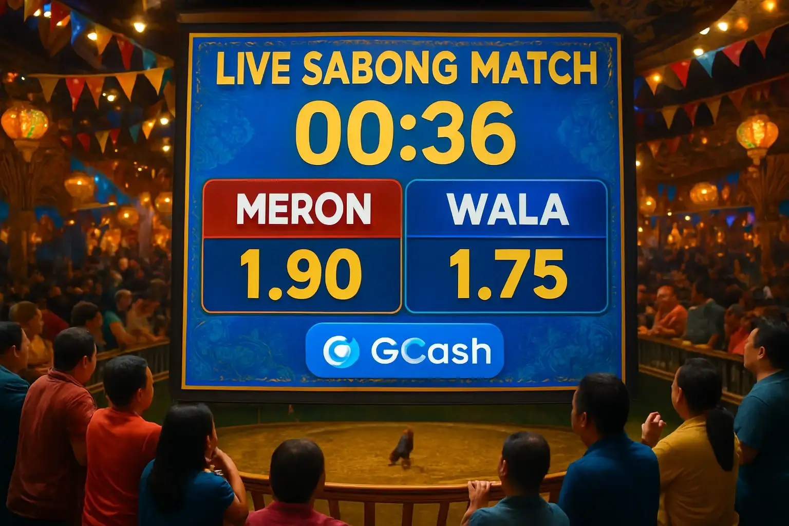 Live sabong countdown timer with Meron vs Wala betting and GCash badge