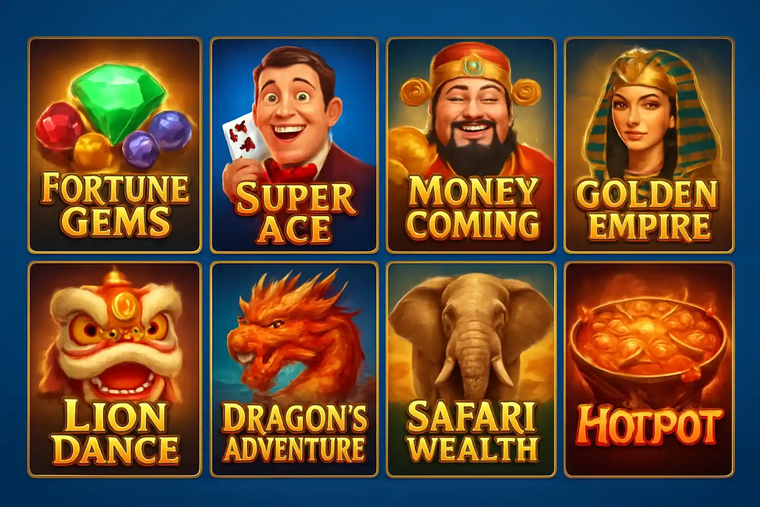 Grid of JILI and PG Soft slot game thumbnails on blue gold background