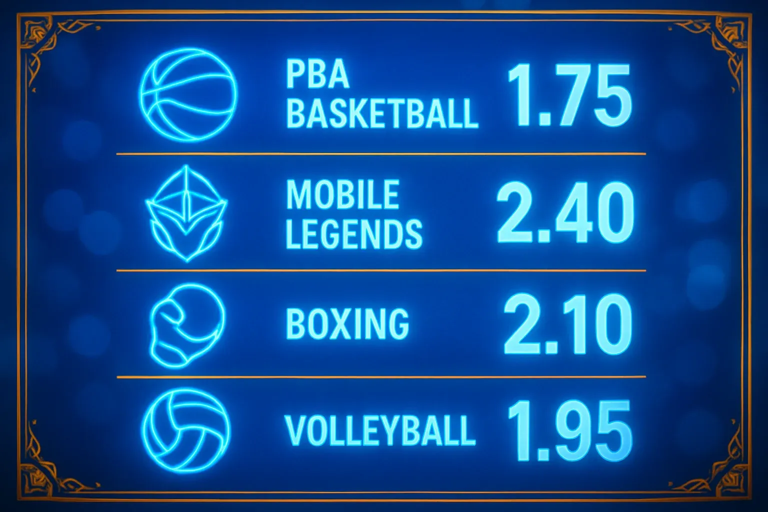 Sports betting markets with PBA, Mobile Legends, boxing, volleyball, football odds